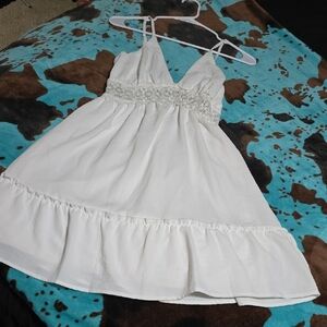 Womens White Spaghetti-Strap Sundress with Smocked Waist